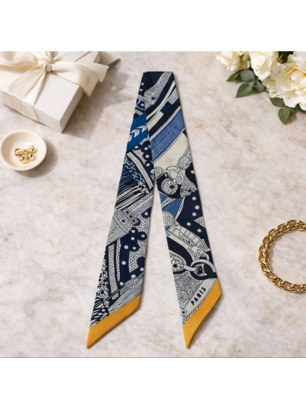 PARIS EQUESTRIAN SKINNY SCARF BAG HANDLE WRAP BANDEAU PURSE TIE NAVY BLUE ORANGE - Picture 2 of 3